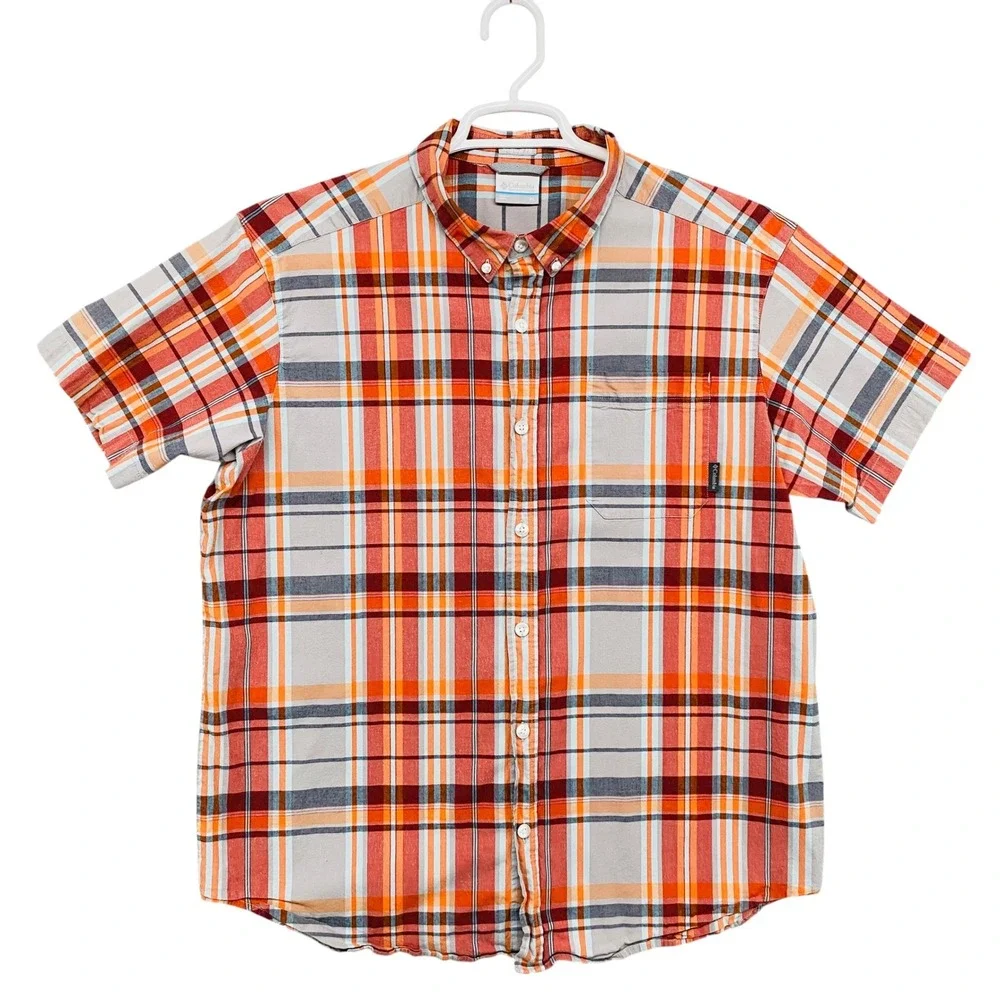 Columbia‎ Mens XL Regular Fit Short Sleeve Plaid Button Down Shirt Orange Grey